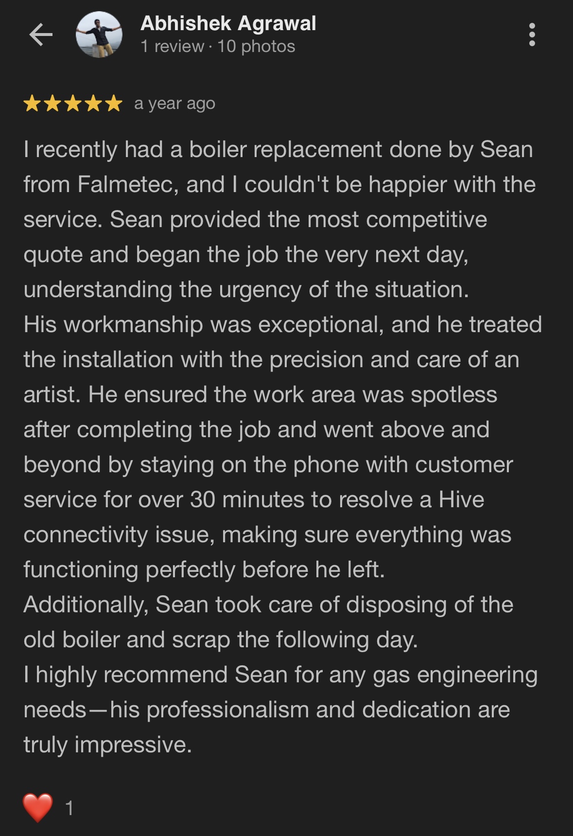Google review from Abhishek Agrawal praising a next-day boiler replacement, tidy workmanship, and extra care sorting the controls