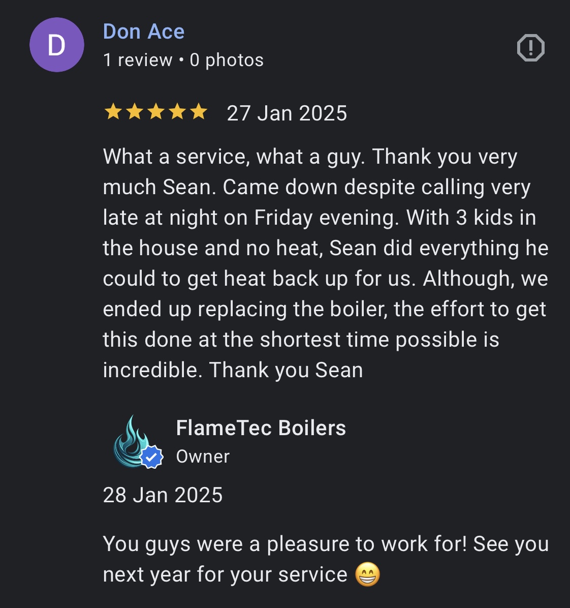 Google review from Don Ace praising fast help when the home had no heat