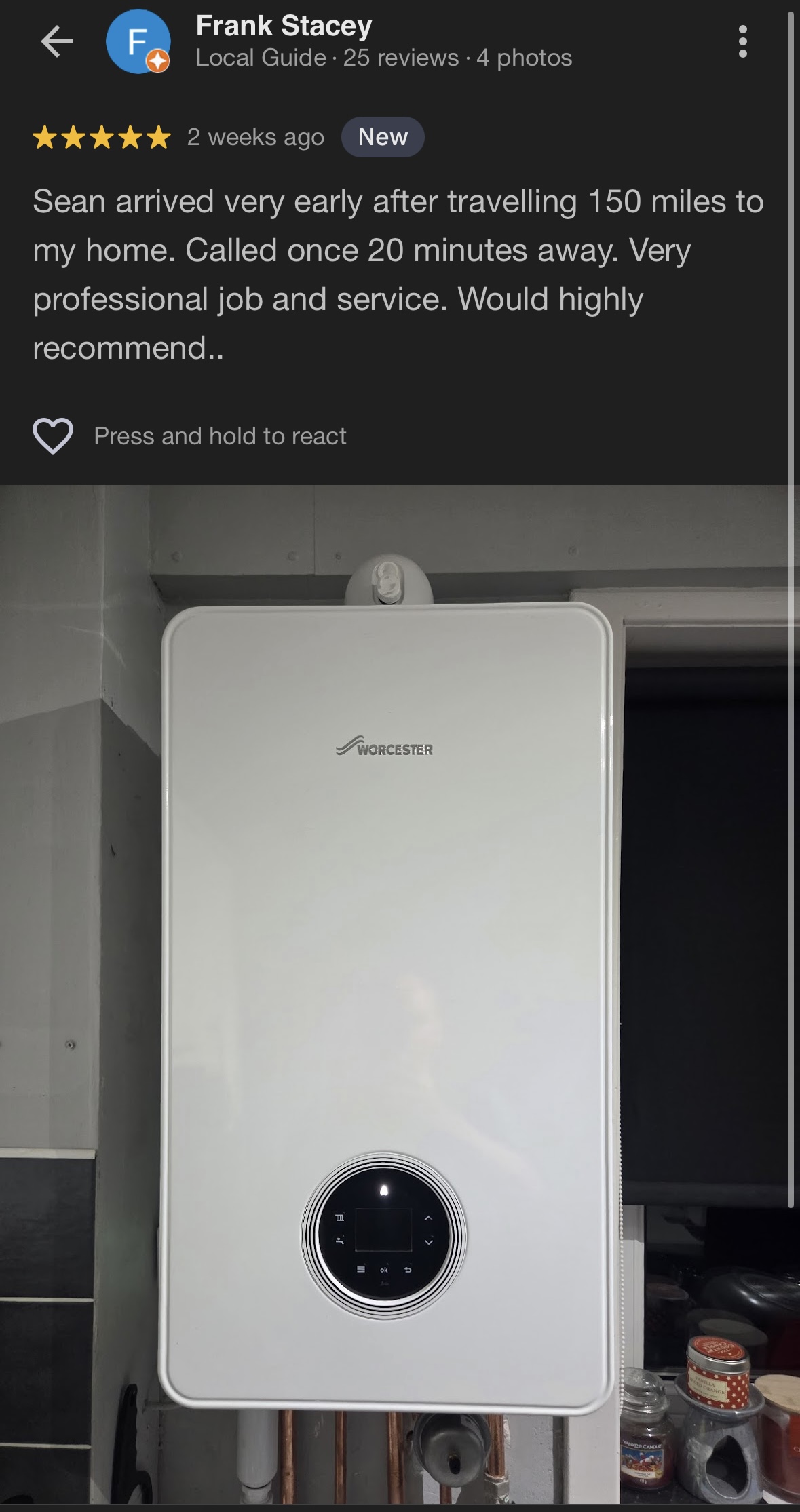 Google review and customer photo showing a finished Worcester boiler installation