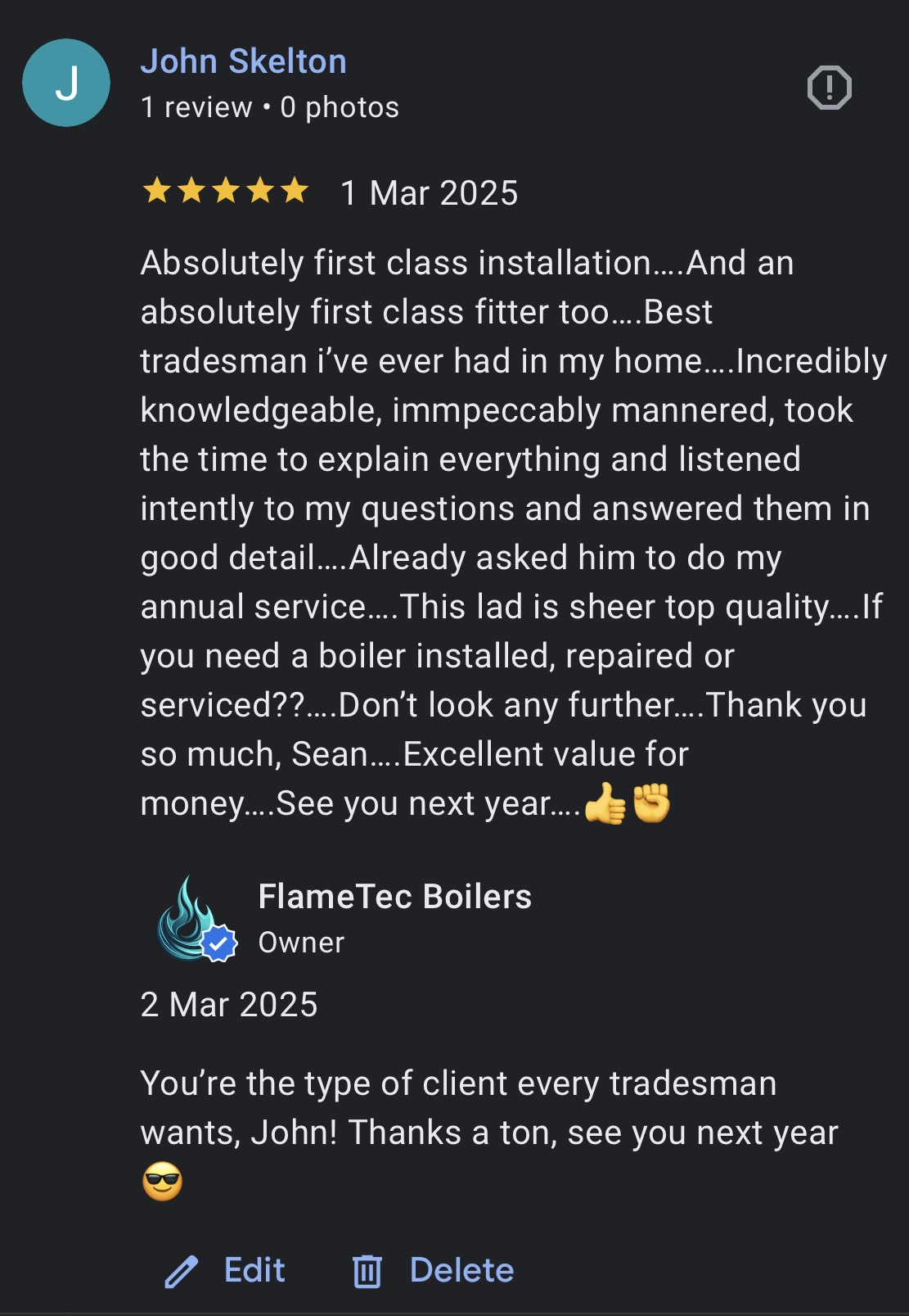 Google review from John Skelton praising a first-class FlameTec installation