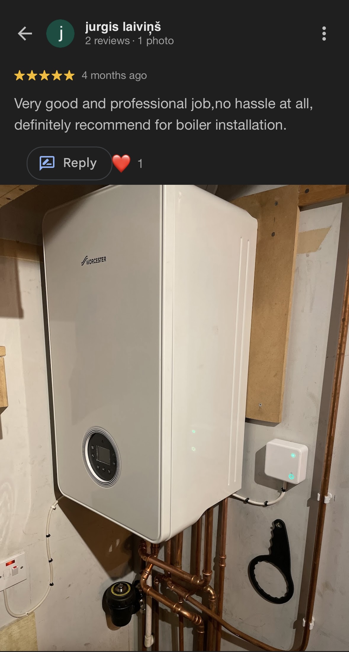 Google review and finished Worcester boiler photo shared after installation