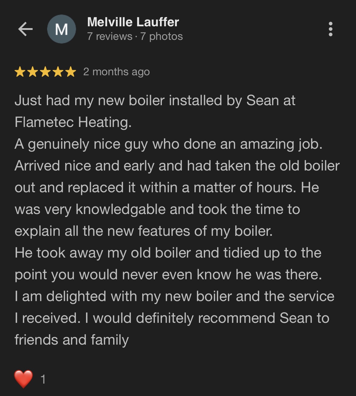 Google review from Melville Lauffer praising a fast boiler installation, tidy finish, and clear explanation