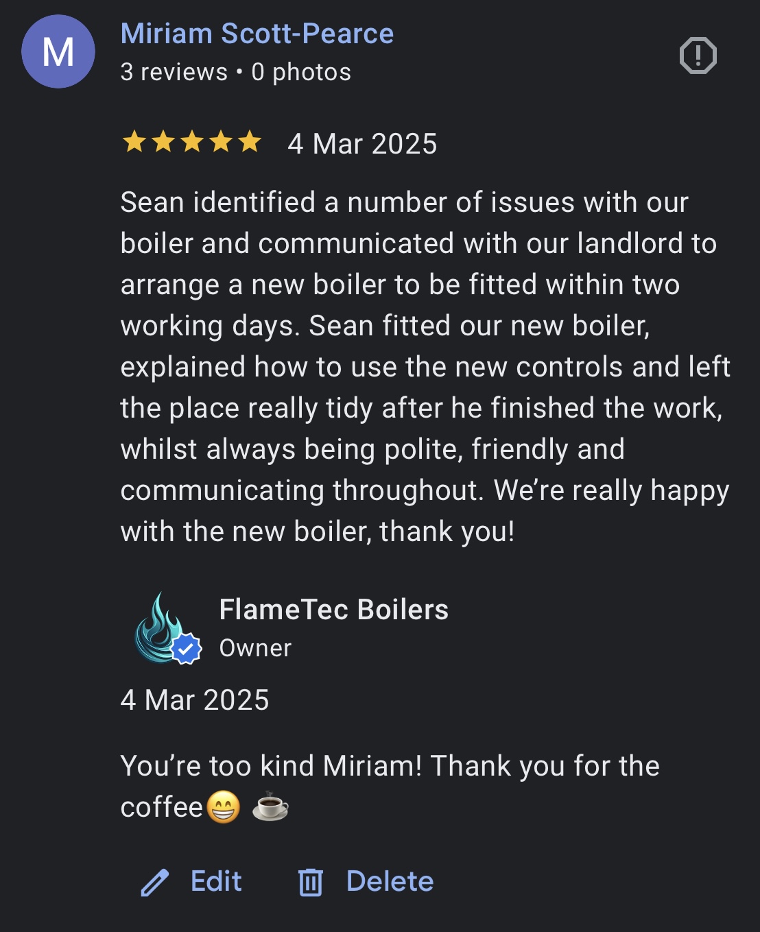 Google review from Miriam Scott-Pearce praising clear communication and tidy boiler replacement