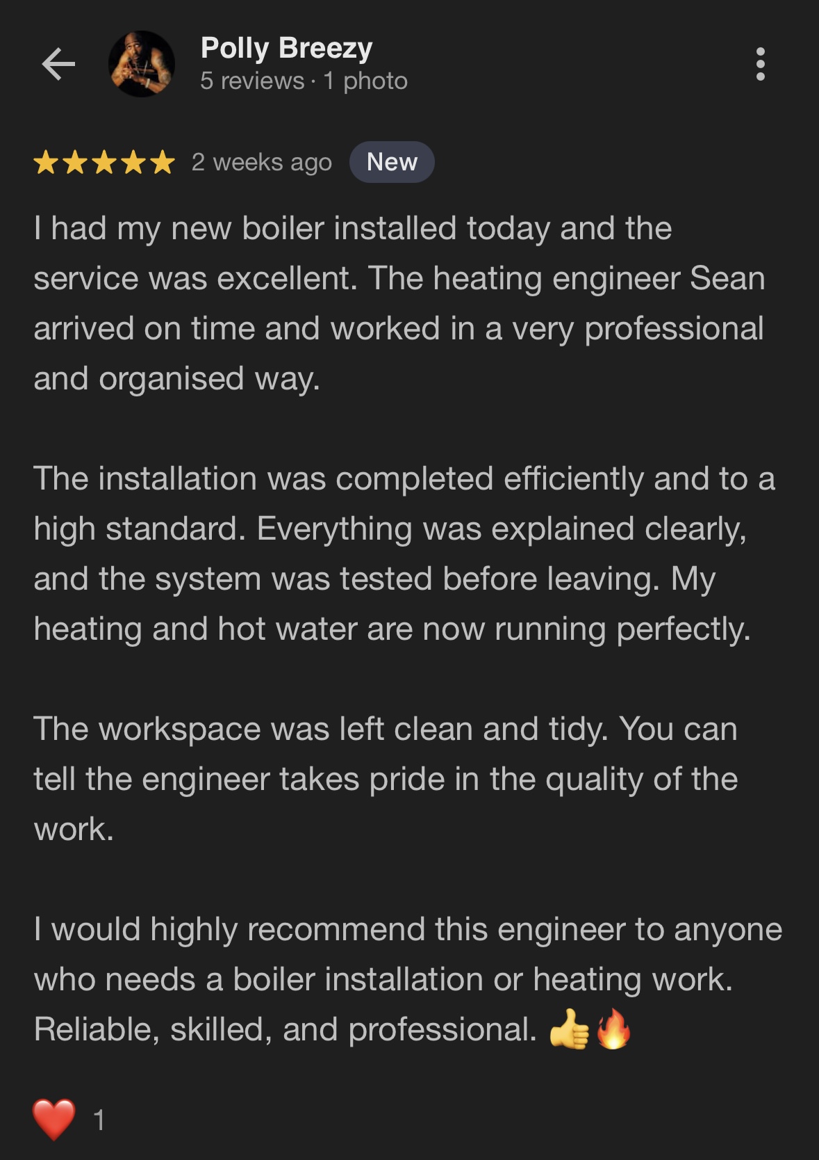 Google review from Polly Breezy praising a professional and organised boiler installation